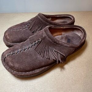 Earth Spirit Chocolate Suede Fringe Clogs